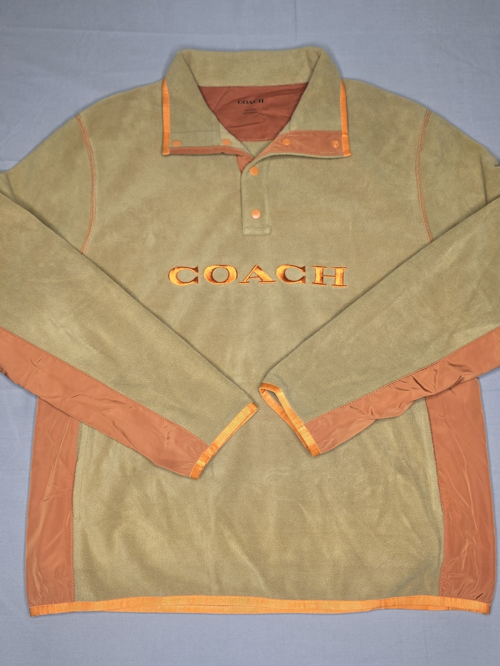 Coach C6375 Men's Large Fleece Pullover Jacket Tan Orange Colorblock 1/4 Snap